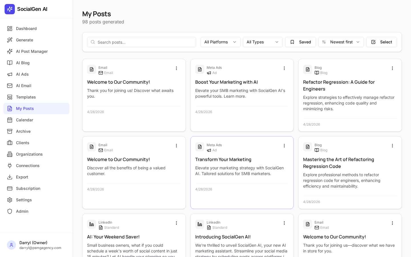 PostToSocial Dashboard showing My Posts and multi-platform scheduling